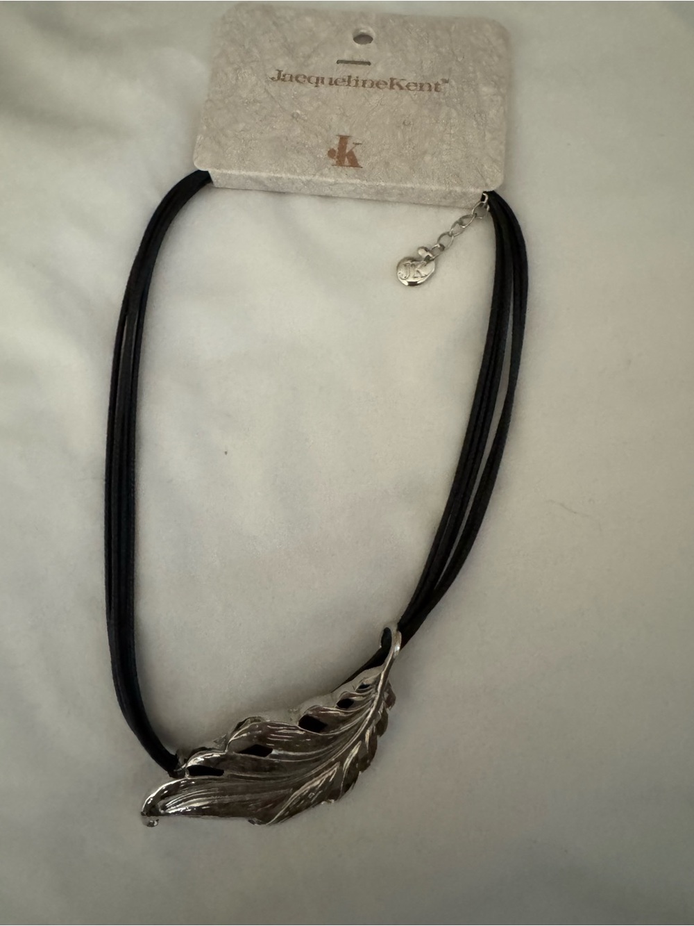 Silver Leaf Pendant Necklace in Black- New